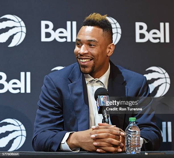 Jared Sullinger of the Toronto Raptors speaks to the media during a press conference to announce his new deal on July 14, 2016 at the Real Sports Bar...