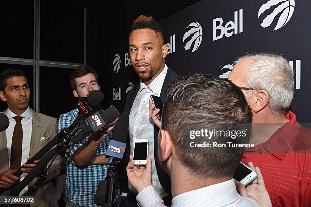 Jared Sullinger of the Toronto Raptors speaks to the media during a press conference to announce his new deal on July 14, 2016 at the Real Sports Bar...