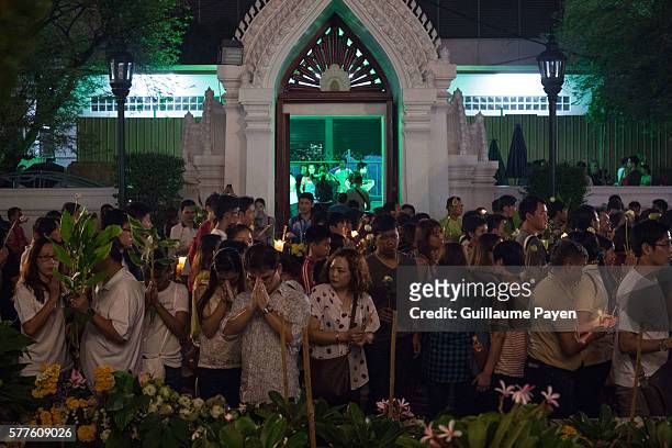 Buddhists devotees gather at Wat Pathum Temple to celebrate Asana Bucha Day know as Buddhist Day. The day is observed on the full moon of the eighth...