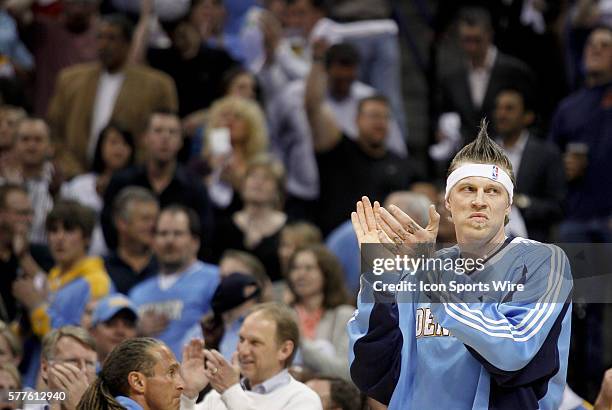 The Denver Nuggets' Chris Andersen puts on his game face during player introductions before Game 2 against the Dallas Mavericks during their NBA...