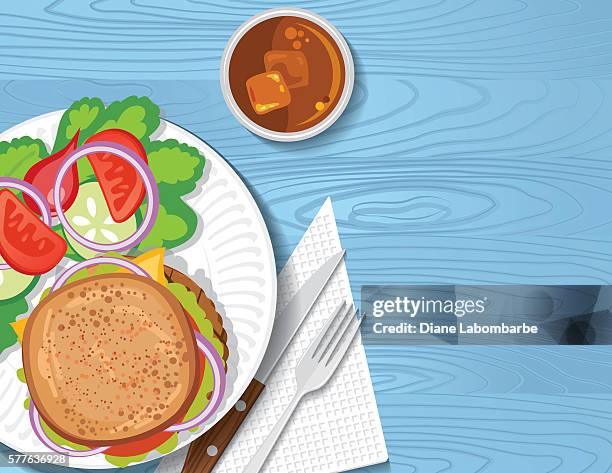 picknicktisch mit bbq-lebensmitteln auf einem picknicktisch - glazed food stock-grafiken, -clipart, -cartoons und -symbole