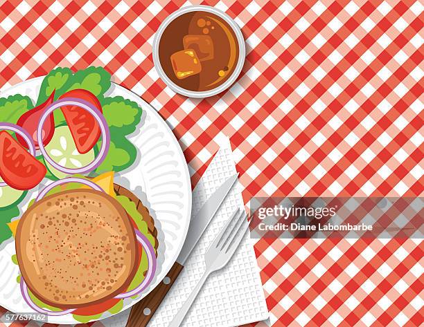 picknicktisch mit bbq-lebensmitteln und rot karierten tischdecken - garden table stock-grafiken, -clipart, -cartoons und -symbole