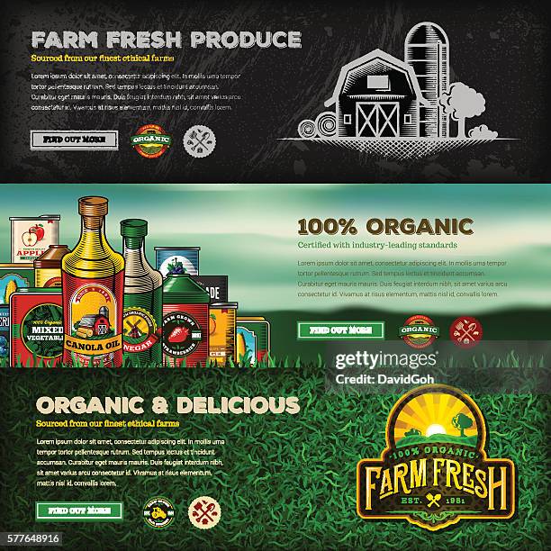 illustrazioni stock, clip art, cartoni animati e icone di tendenza di set di banner web fresh farm biologico - aceto