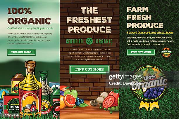 illustrazioni stock, clip art, cartoni animati e icone di tendenza di set di banner web fresh farm biologico - aceto