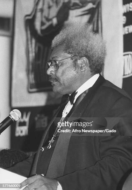 Don King during a press conference for the Evander Holyfield vs Lennox Lewis boxing match, 1999.