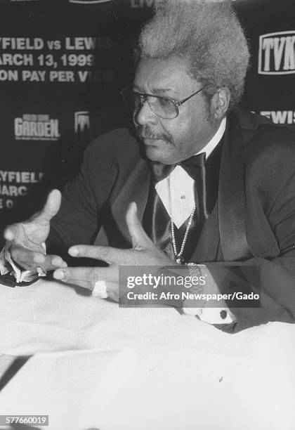 Don King during a press conference for the Evander Holyfield vs Lennox Lewis boxing match, 1999.