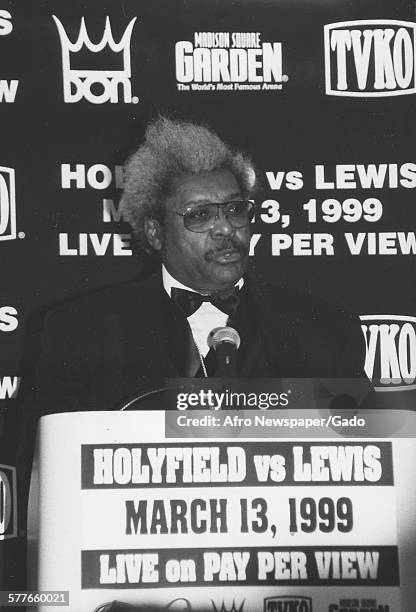 Don King during a press conference for the Evander Holyfield vs Lennox Lewis boxing match, 1999.