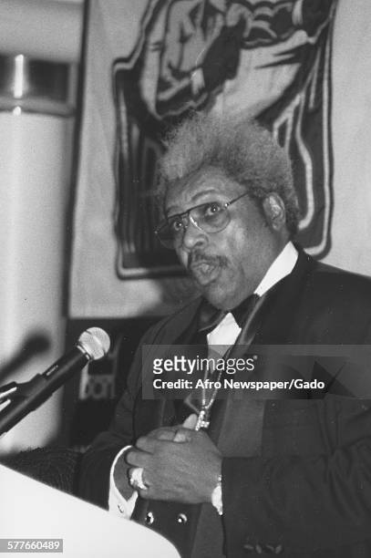 Don King during a press conference for the Evander Holyfield vs Lennox Lewis boxing match, 1999.