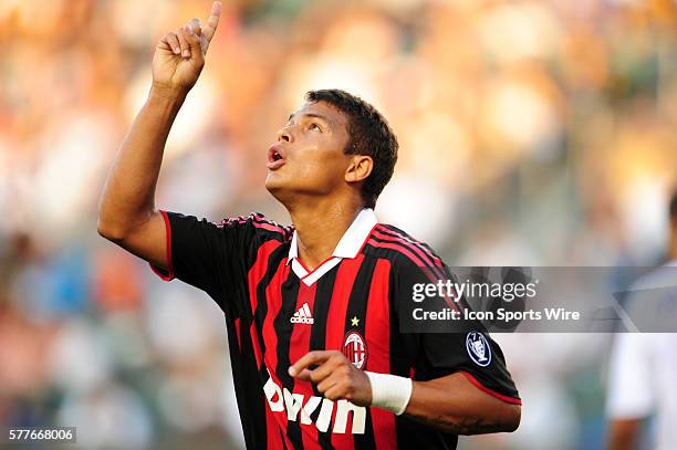 Milan Thiago Silva points to the sky after scoring a goal during an international friendly match between AC Milan and the Los Angeles Galaxy at the...