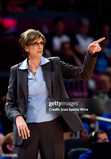 Liberty's interim head coach Anne Donovan calls a play during a WNBA basketball game between the New York Liberty and the Seattle Storm at Madison...