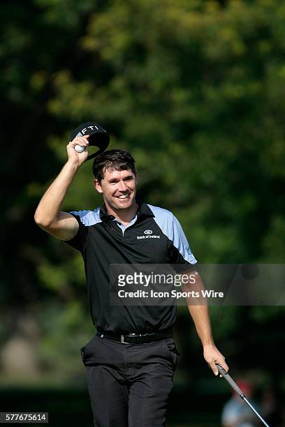 Ireland PGA Pro Padraig Harrington acknowledges fans' applause after a Birdie on the 9th hole during 1st Round action at the BMW Golf Classic at Cog...