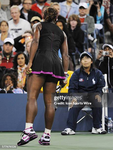 Serena Williams, of the USA shouting at line judge who called a foot fault when Williams was serving in the second set at 15-30, 5-6, with Clijsters...