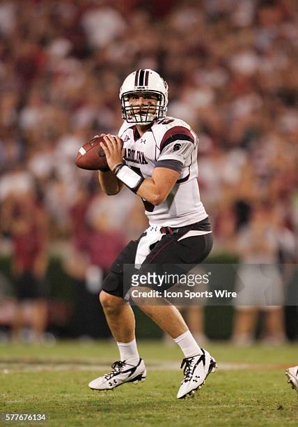 South Carolina QB Stephen Garcia drops back to pass in the Georgia Bulldogs 41-37 victory over the South Carolina Gamecocks at Sanford Stadium in...