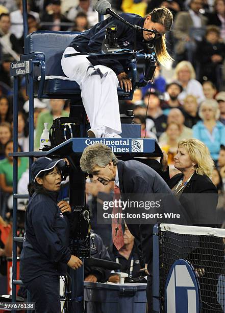 Line judge, , speaks to Referee Brian Early, with chair umpire Louise Engzel, and Grand Slam Supervisor, Donna Kelso in the background, report Serena...