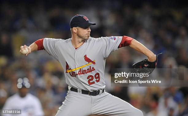 St. Louis Cardinals pitcher Chris Carpenter throws to the Los Angeles Dodgers Andre Ethier in the third inning at Dodgers Stadium in Los Angeles, CA.