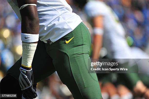 Oregon player detail shot of pants and leg with Nike logos during a college football game between the Oregon Ducks and the UCLA Bruins played at the...