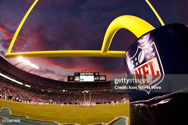 Goal post with the NFL logo stands while the sun sets during the fourth quarter of the Buffalo Bills 20-9 victory over the Carolina Panthers at Bank...