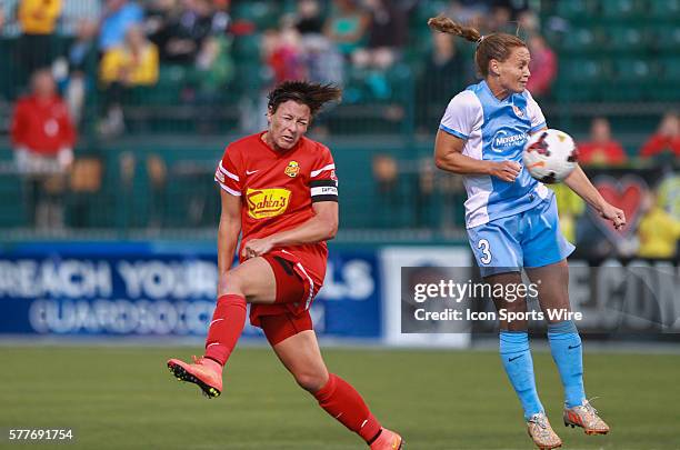 Western NY Flash forward Abby Wambach deflects the ball with her head during a soccer match between Sky Blue FC and Western NY Flash at Sahlen's...