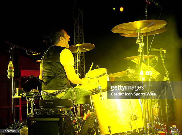 Drummer Rich Redmond performs live with Jason Aldean at Ropin and Rockin for Pennies for the Park at the Bourbon County Fairgrounds in Fort Scott,...