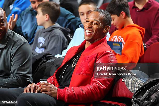New York Giants Wide Reciever Victor Cruz courtside during the first half of the game between the Seton Hall Pirates and the Georgetown Hoyas played...
