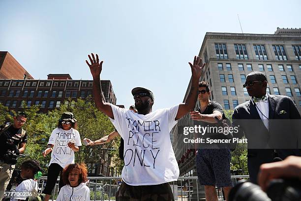 Man speaks out against the shooting of 12 year-old Tamir Rice by police near the site of the Republican National Convention in downtown Cleveland on...