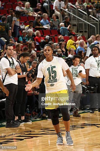 Monica Wright of the Seattle Storm gets introduced before the game against the Washington Mystics on July 15 at Key Arena in Seattle, Washington....