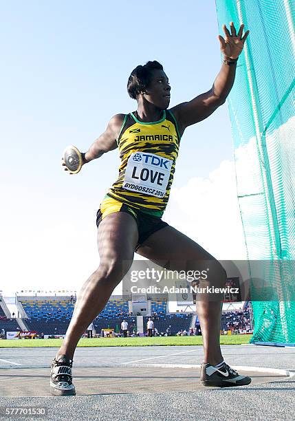 Shanice Love from Jamaica competes in women's discus throw qualification round during the IAAF World U20 Championships - Day 1 at Zawisza Stadium on...