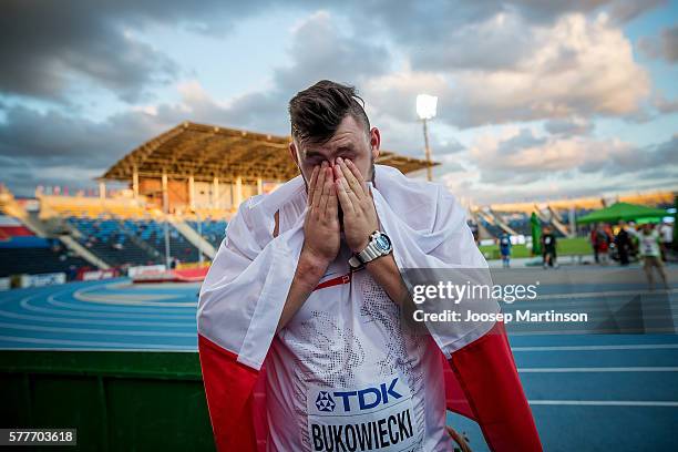 Konrad Bukowiecki from Poland celebrates winning gold with the world record in men's shot put during the IAAF World U20 Championships at the Zawisza...