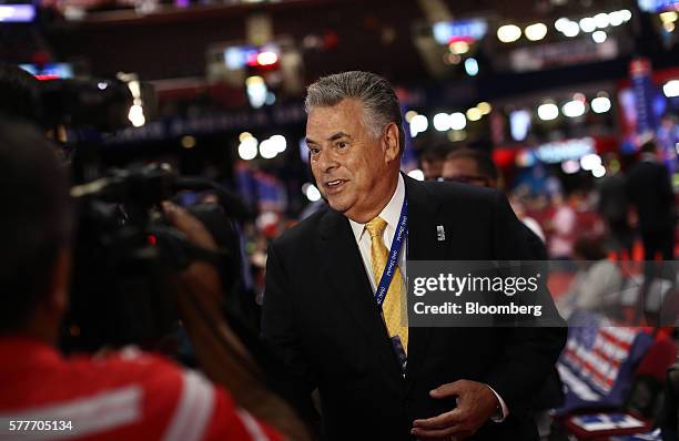 Representative Peter King, a Republican from New York, speaks to members of the media on the floor before the start of the Republican National...