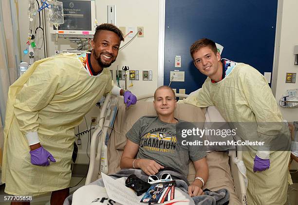 New England Revolution Darrius Barnes and Kelyn Rowe visit Nicholas at Boston Children's Hospital July 19, 2016 in Boston, Massachusetts.