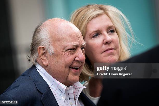 Fox News chairman Roger Ailes walks with his wife Elizabeth Tilson as they leave the News Corp building, July 19, 2016 in New York City. As of late...