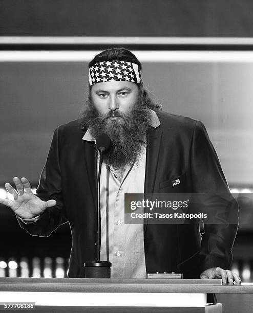 Of Duck Commander and Star of Duck Dynasty Willie Robertson speaks during the first day of the Republican National Convention on July 18, 2016 at the...