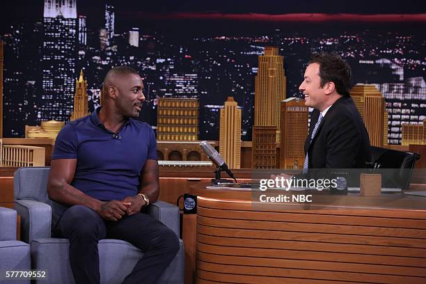 Episode 0503 -- Pictured: Actor Idris Elba during an interview with host Jimmy Fallon on July 19, 2016 --