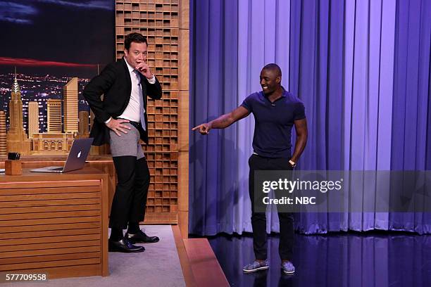 Episode 0503 -- Pictured: Host Jimmy Fallon welcomes actor Idris Elba on July 19, 2016 --