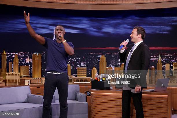 Episode 0503 -- Pictured: Actor Idris Elba and host Jimmy Fallon during "Box of Microphones" on July 19, 2016 --