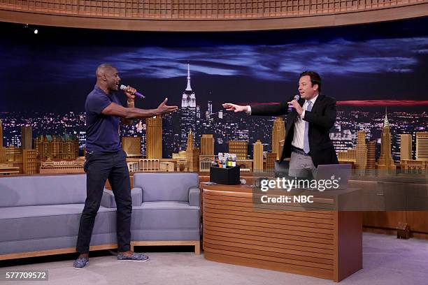 Episode 0503 -- Pictured: Actor Idris Elba and host Jimmy Fallon during "Box of Microphones" on July 19, 2016 --