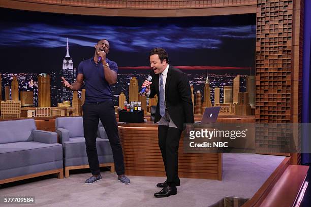 Episode 0503 -- Pictured: Actor Idris Elba and host Jimmy Fallon during "Box of Microphones" on July 19, 2016 --