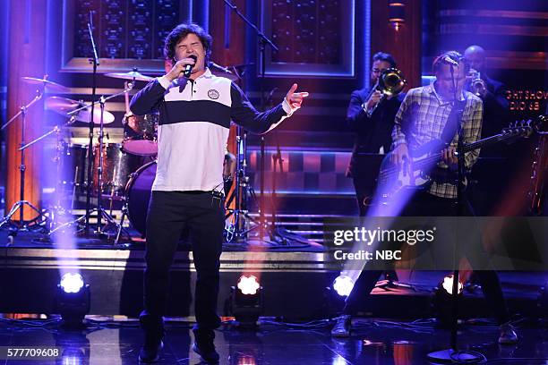 Episode 0503 -- Pictured: Lukas Forchhammer and Magnus Larsson of musical guest Lukas Graham performs on July 19, 2016 --