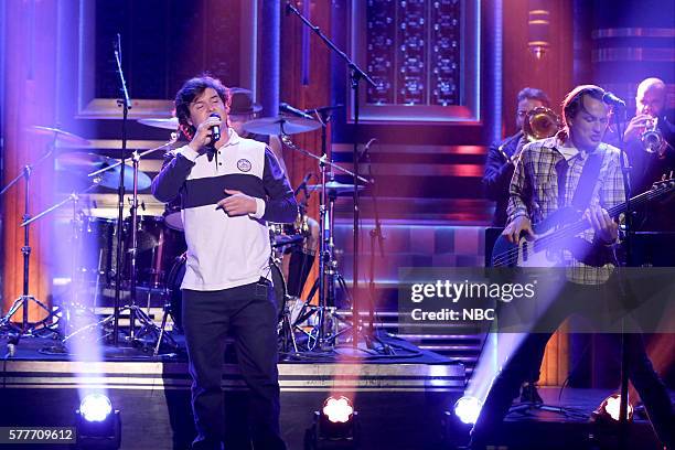 Episode 0503 -- Pictured: Lukas Forchhammer and Magnus Larsson of musical guest Lukas Graham performs on July 19, 2016 --