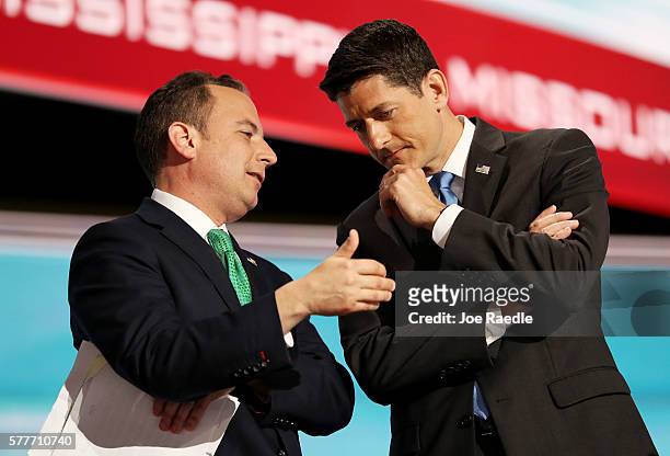 Reince Priebus, chairman of the Republican National Committee, and Speaker of the House Paul Ryan consult one another about the recount of Alaska...