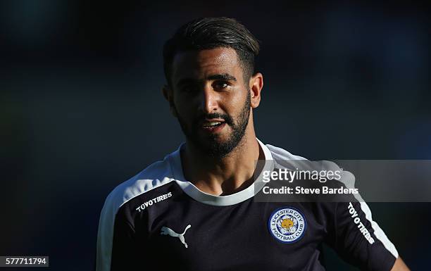 Riyad Mahrez of Leicester City warms up prior to the pre-season friendly between Oxford United and Leicester City at Kassam Stadium on July 19, 2016...