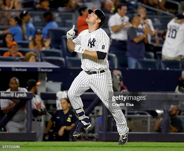 Chase Headley of the New York Yankees celebrates his two run home run in the eighth inning against the Baltimore Orioles on July 19, 2016 at Yankee...