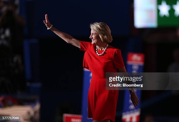 Senator Shelley Moore Capito, a Republican from West Virginia, waves while arriving to speak during the Republican National Convention in Cleveland,...