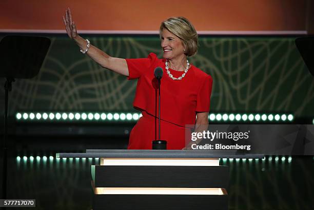 Senator Shelley Moore Capito, a Republican from West Virginia, waves before speaking during the Republican National Convention in Cleveland, Ohio,...