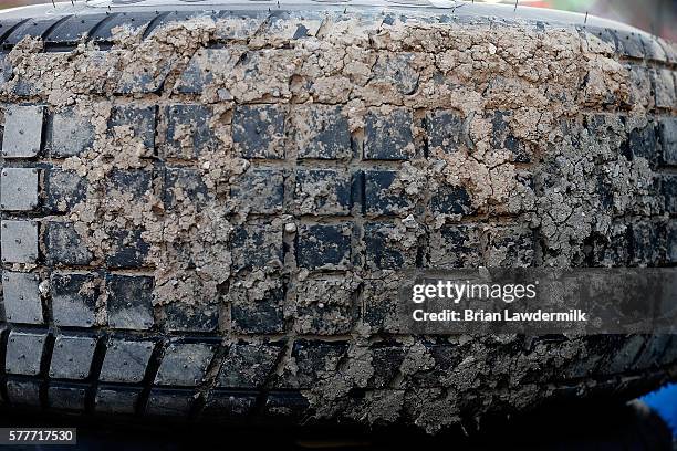 Dirt sticks to tred on a tier during practice for the 4th Annual Aspen Dental Eldora Dirt Derby at Eldora Speedway on July 19, 2016 in Rossburg, Ohio.