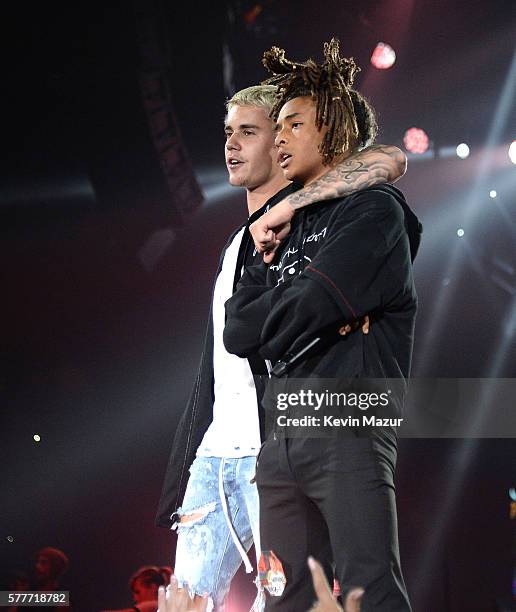 Jaden Smith performs with Justin Bieber on stage during his "Purpose" tour at Madison Square Garden on July 19, 2016 in New York City.