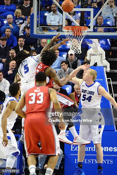 Saint Louis University guard Jordair Jett puts up a shot during an Atlantic 10 Conference game between the Duquesne University Dukes and the Saint...