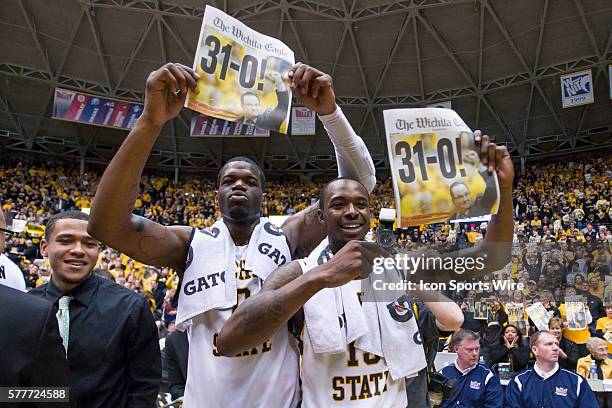 Wichita State Shockers guard Nick Wiggins and Tekele Cotton celebrate after the NCAA Missouri Valley Confrence basketball game between the Missouri...