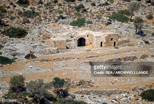 Stone houses near Akrotiri, Crete, Greece.