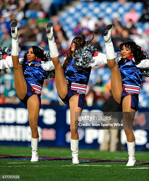 The Buffalo Jills cheerleaders entertain the fans prior to a game between the Miami Dolphins and the Buffalo Bills at Ralph Wilson Stadium in Orchard...